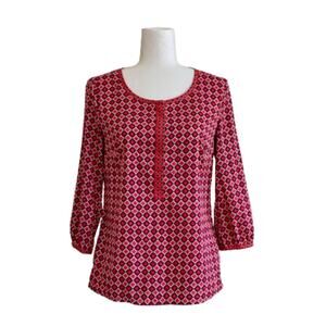 Banana Republic Blouse Top Red Pink Navy Circle Print Half Button Front Size XS